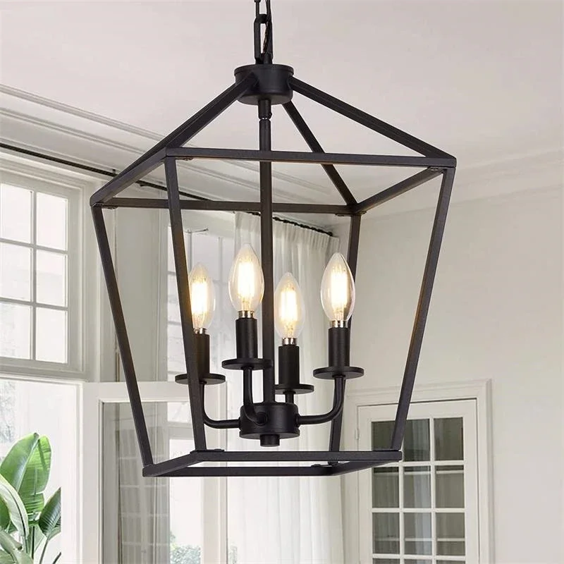 

American Vintage Bird Cage Candle Chandelier Retro Industrial Black Wood Color Hanging Lamp for Bedroom Dining Room Kitchen Shop