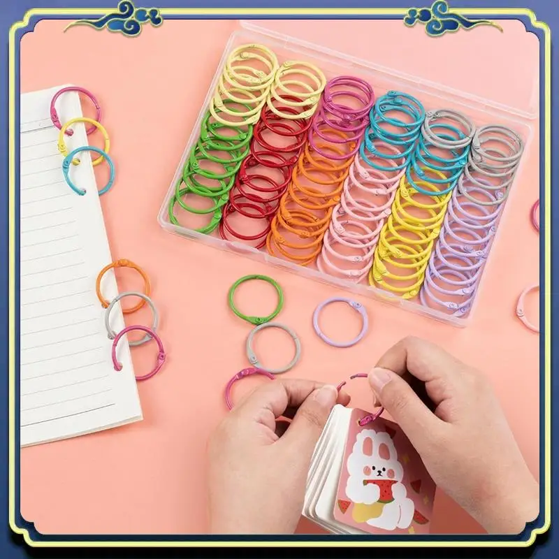 Portable 100PCS Binder Rings Set With 1 Clear Organizer Box - 1 1/5 Inch Colorful Metallic Loose Leaf Paper Rings Set Kit