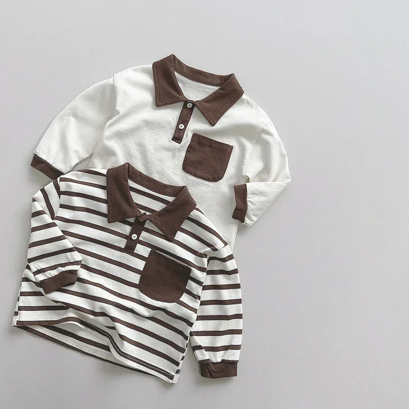 Cotton Striped Pocket 2023 Spring Autumn New Children Polo Shirt Boys Casual Long Sleeve Tops Toddler Wear Kids Clothes For 1-8Y