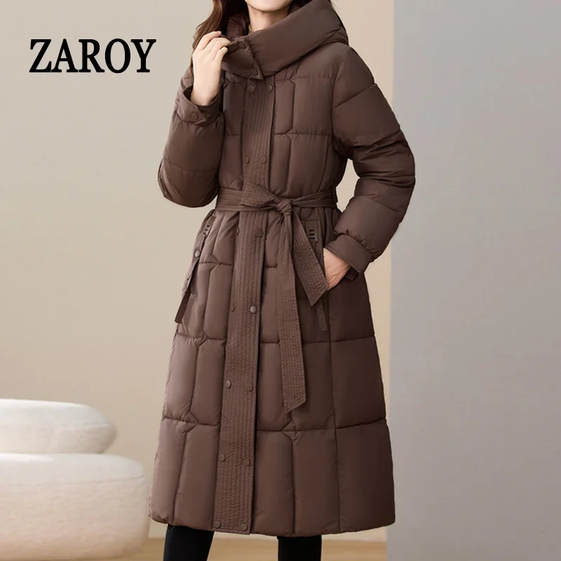 ZAROY femmes hiver longue veste à capuche pardessus avec ceinture épais chaud vers le bas manteau coton Parkas vêtements d'extérieur