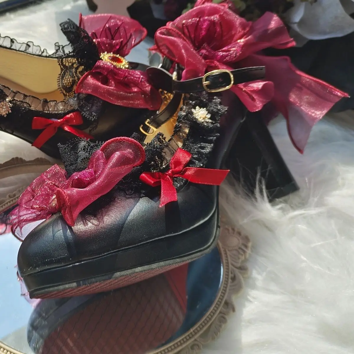 Wedding Shoes Women Lolita Hand-Made High Heels Red Flower Support Customization