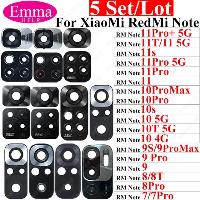 5 szt. Tylny obiektyw aparatu do Xiaomi Redmi Note 10 Pro Max 11T 10T 10S 11 9Pro 7 8 T szklany obiektyw z naklejką