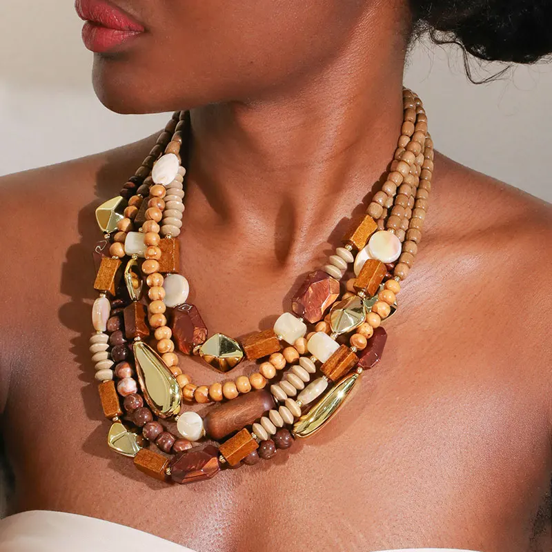 

New Fashion Exaggerated Statement Wood Beads Necklace Women Girl Trendy Wedding Party Jewelry