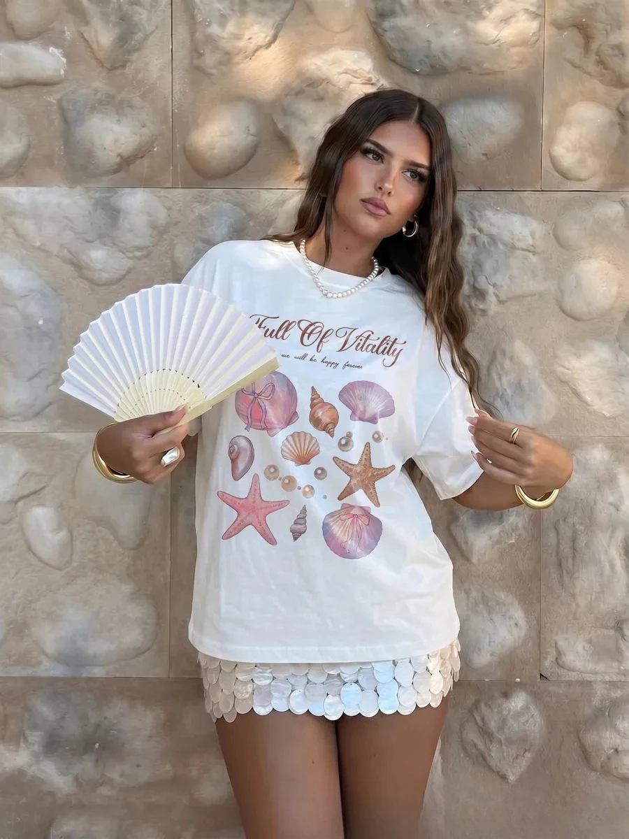 American Simple Y2K Women's Personality Printed T-shirt Summer INS Marine Casual Street Clothing Retro Hip-hop Short-sleeved Top