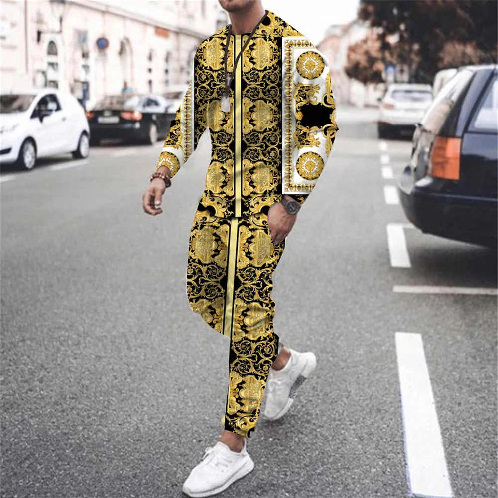 Mode Männer Casual Sportwear für Männliche Jogging Streetwear Luxus 3D Druck Oversize Langarm Toursers Set 2-stück Gym outfit