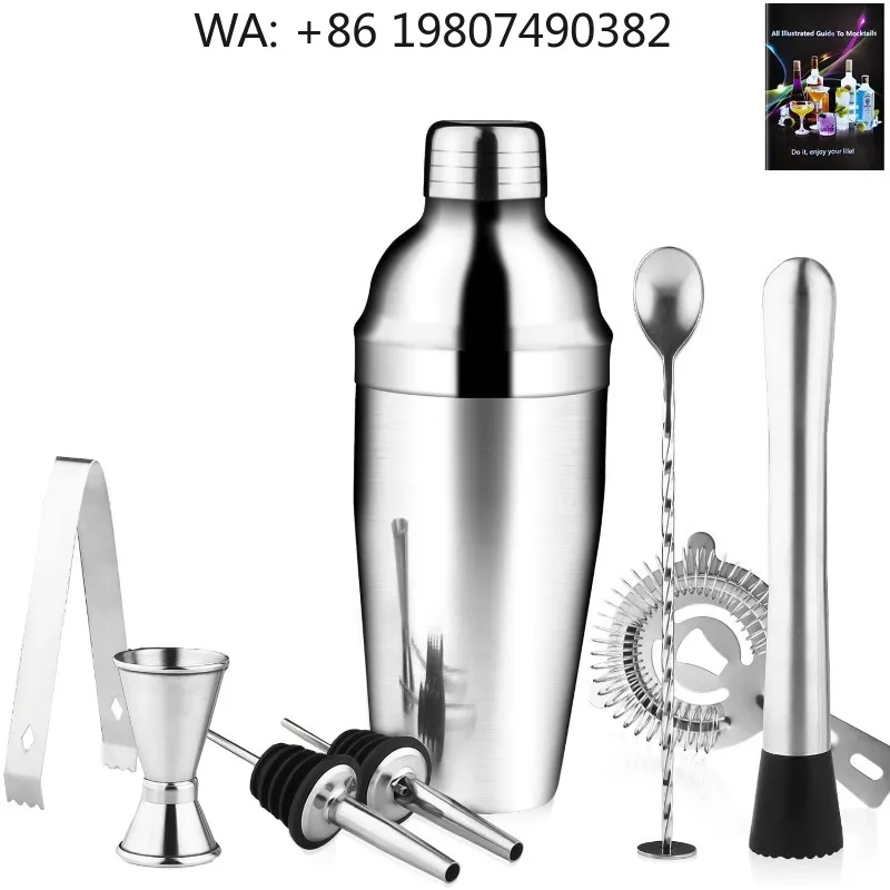 9Pcs 550ml Cocktail Mixing Supplies, Stainless Steel Boston Shaker Jigger Muddler Spoon, Professional  Bartender Bar Ki