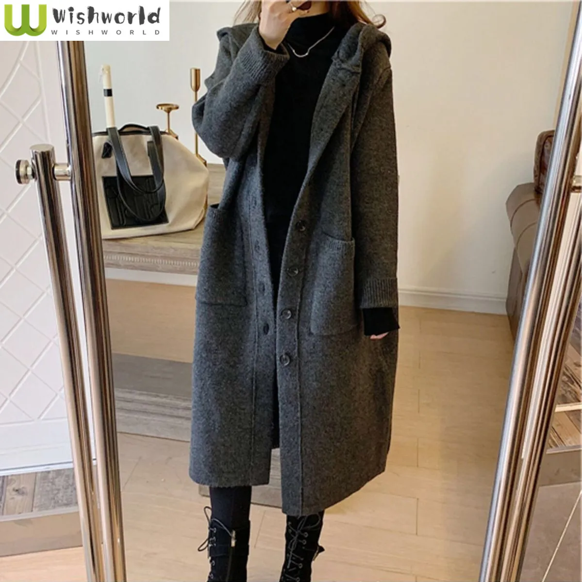 Lazy Style Retro Hooded Cardigan Mid Length Women's Top 2024 Autumn/winter New Over the Knee Jacket Knitted Sweater