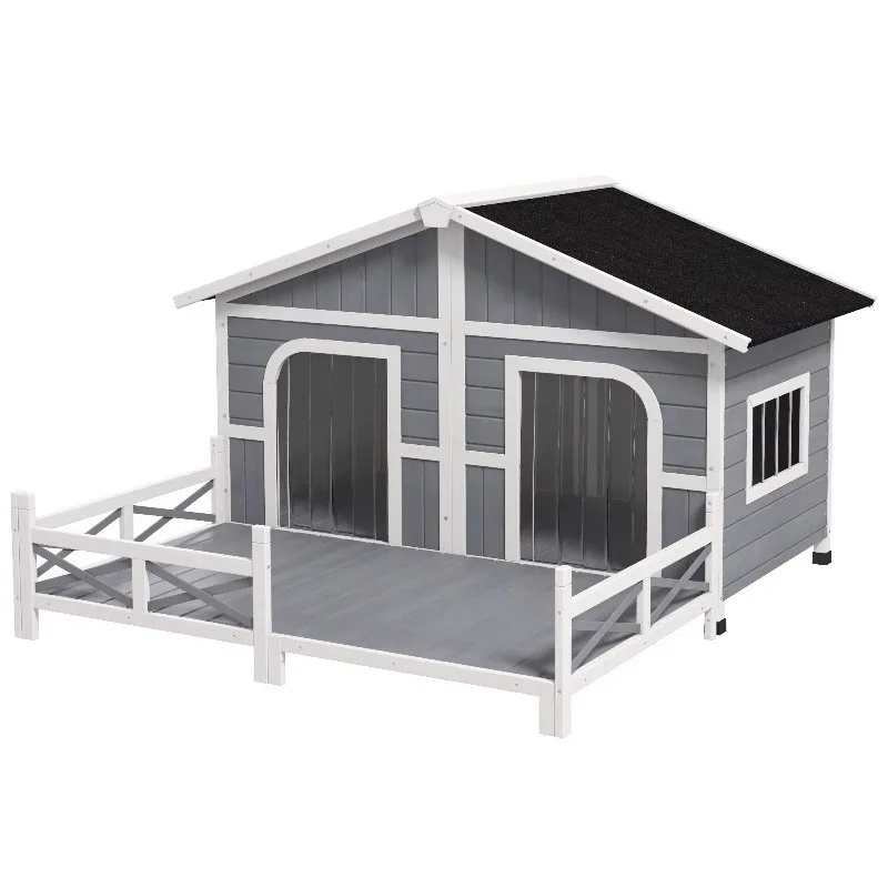 

Gray Wooden Elevated Pet Shelter Large Dog House with Porch Outdoor Cabin Style for Small and Medium Breed Dogs