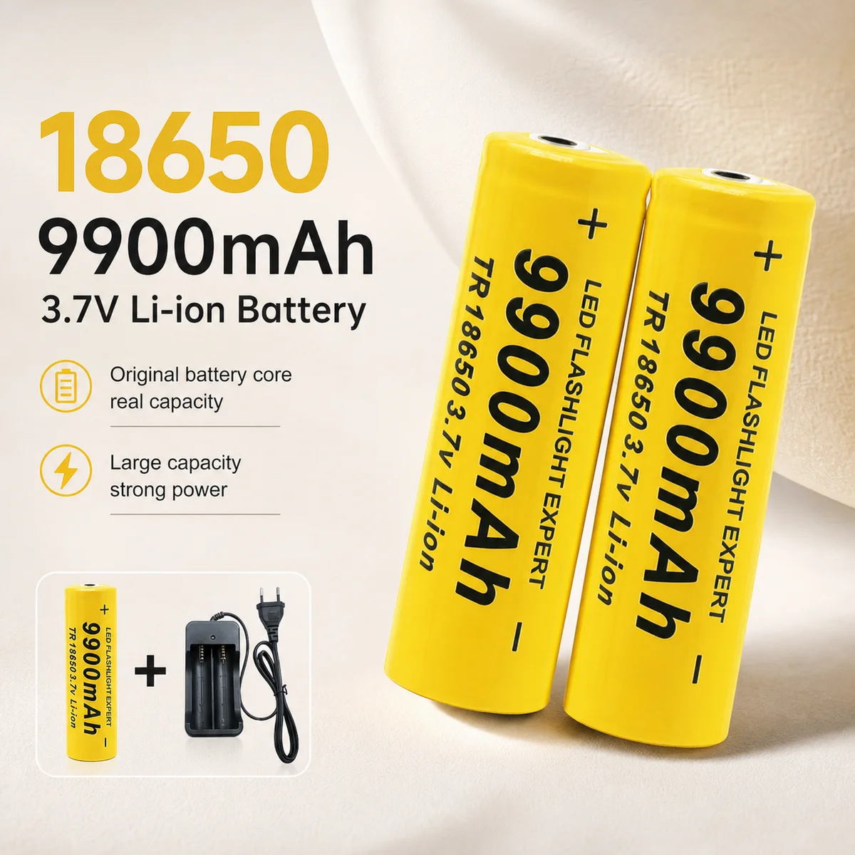 Rechargeable 18650 Li-ion Battery 3.7V 9900mAh With Charger, Large Capacity Cell For Flashlights, Radios, MP3 Player Devices