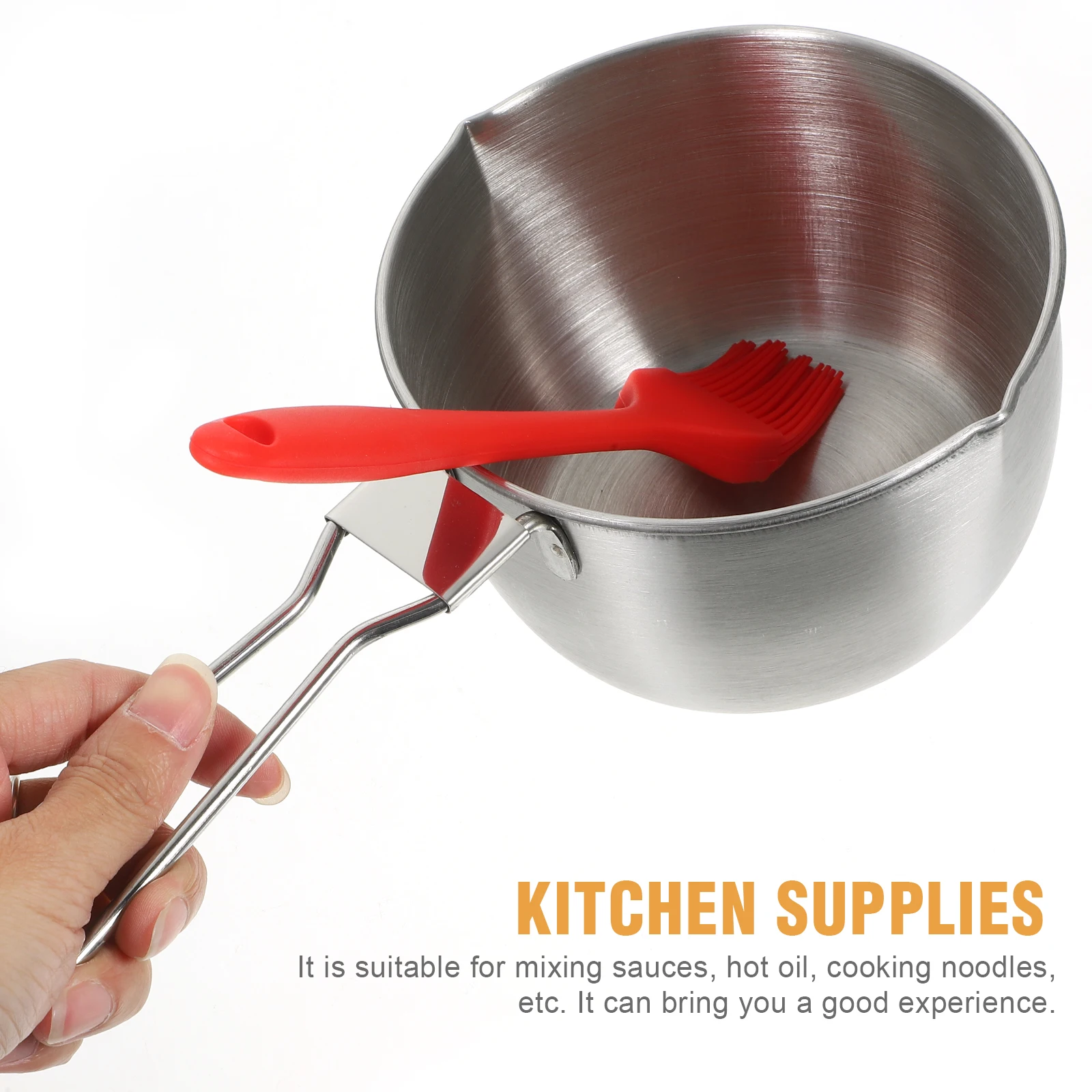 

1 Set Of Durable Stainless Steel Sauce Pot With Silicone Brush Long Handle Multi-Purpose Cooking Pot Kitchen Supplies