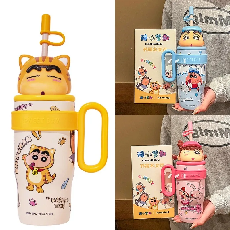 

800ml Crayon Shinchan Large Handle Water Cup Anime 316 Stainless Steel Children's Insulated Cup Large Capacity Straw Water Cup