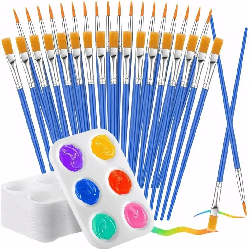 Exquisite-30 Pcs Small Paint Brushes Bulk And 10 Palettes 15Pcs Flat & 15Pcs Pointed Paint For Oil Acrylic, Watercolor Painting