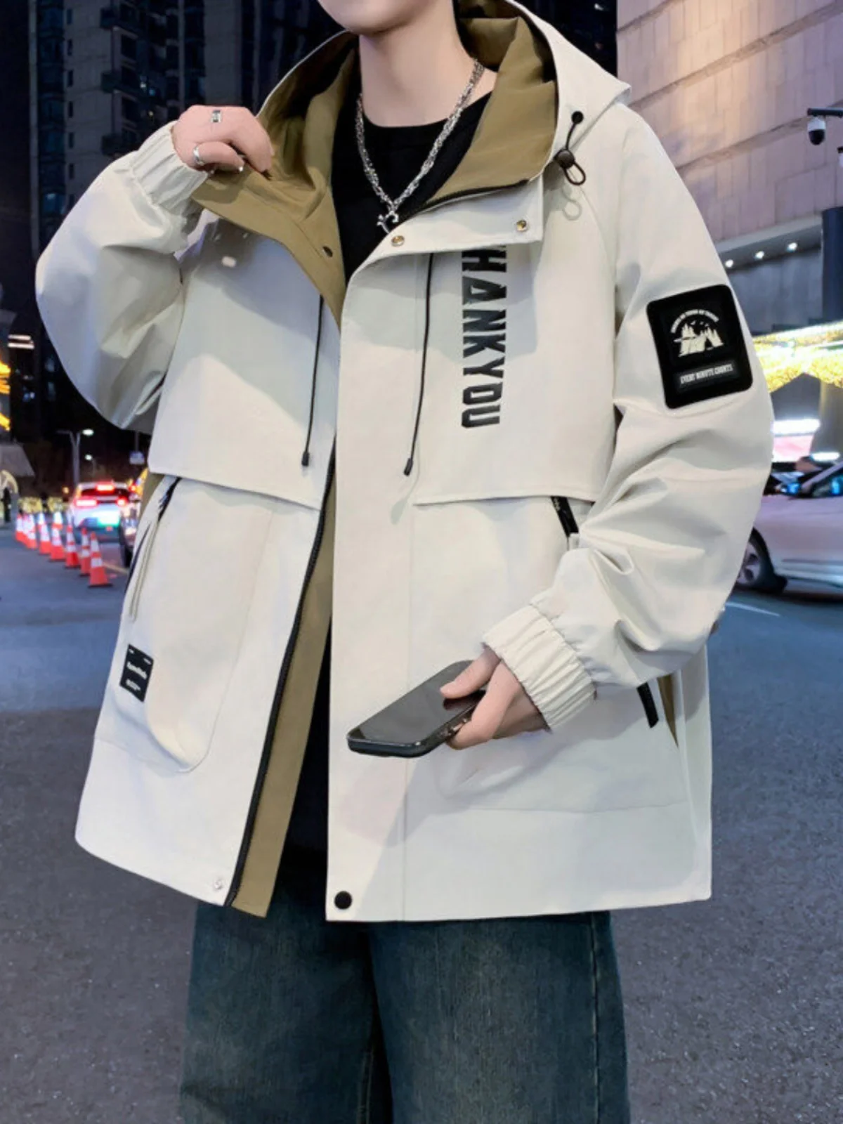 

Spring Autumn New Style Men's Casual Fashion Jacket with Hood Loose Fit Versatile Trendy Brand Outerwear for Teenagers