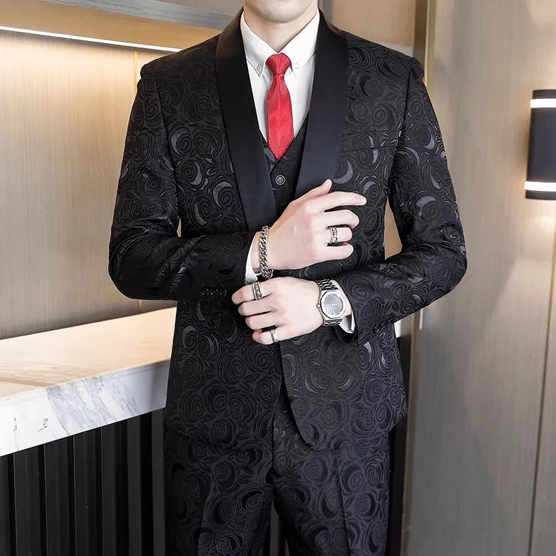 Luxury Men's Black Rose Pattern Suit 3-Piece, White Wedding Party Dress Jacket and Vest with Trousers, Asian Size M-6XL.