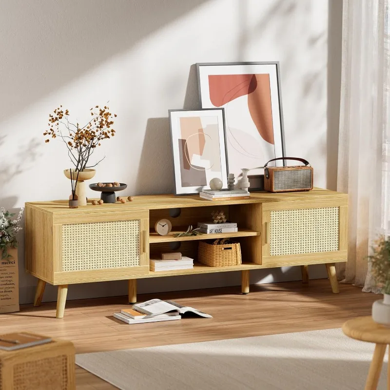 

Boho TV Stand For 65 Inch TV, Entertainment Center With Adjustable Shelf, Rattan TV Console With 2 Cabinets, Media Con