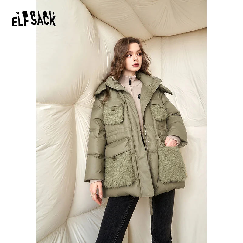 ELFSACK Spliced Thick Down Coats Women 2023 Winter New Korean Fashion Designer Jackets