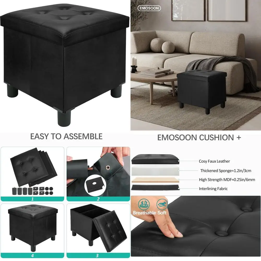 

Faux Leather 18 Folding Storage Ottoman with Footrest, Collapsible Cube Furniture for Living Room or Bedroom