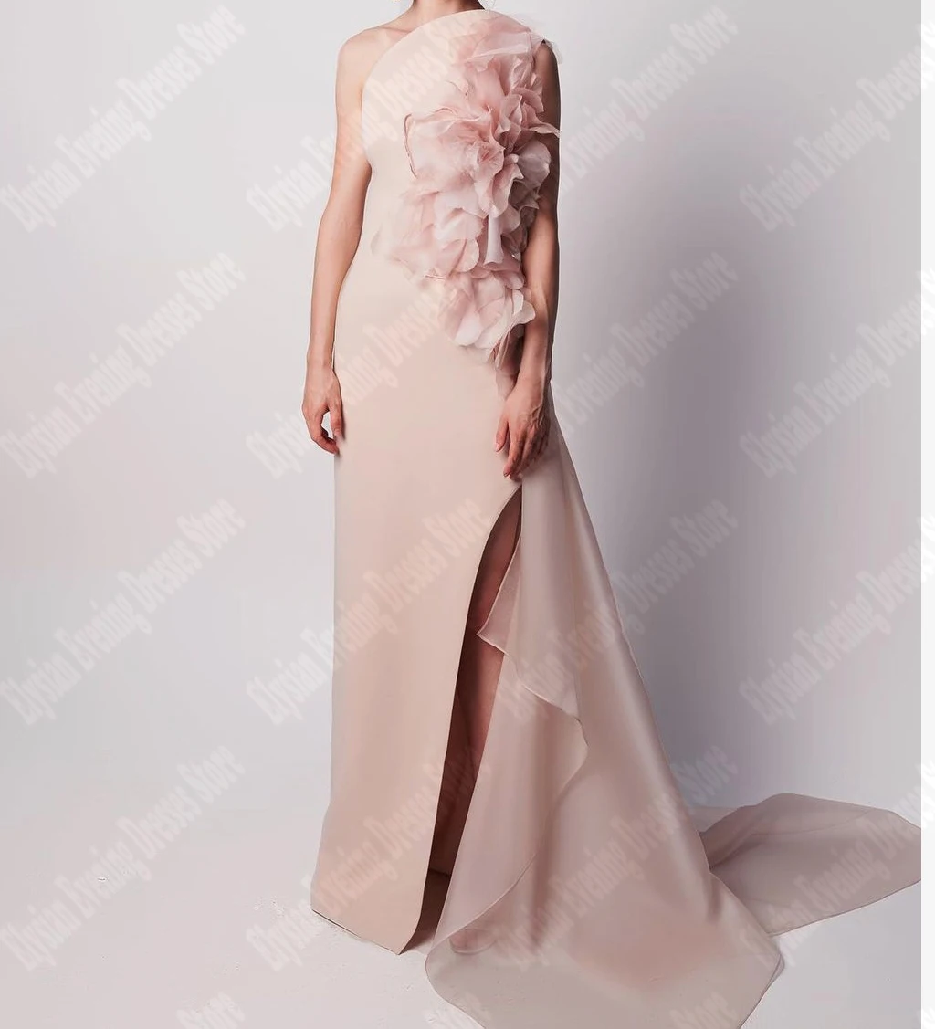 Elegant Lady Evening Dresses 3D Scarves Flowers One Shoulder Sleeve Customized Party Gowns Side Slit Vestidos Ribbon De Noche