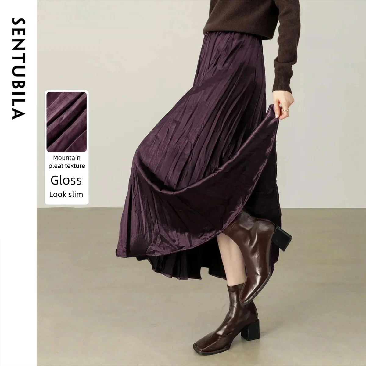 

SENTUBILA Women's A-Line Skirt 2025 Autumn Elastic High Waist Thick Warm Loose Elegant Commuting Mid-Length Skirt W54QB4034