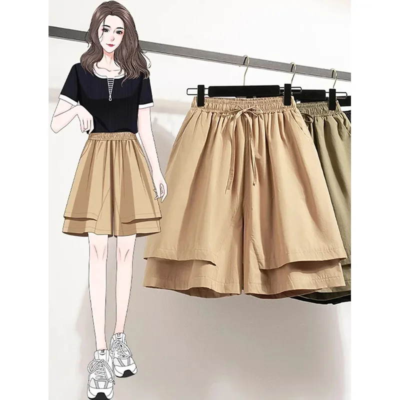 Khaki Wide Leg Short Pants Women Summer Loose Thin Large Size Five-Quarter Short Trousers Casual A-Line Pants
