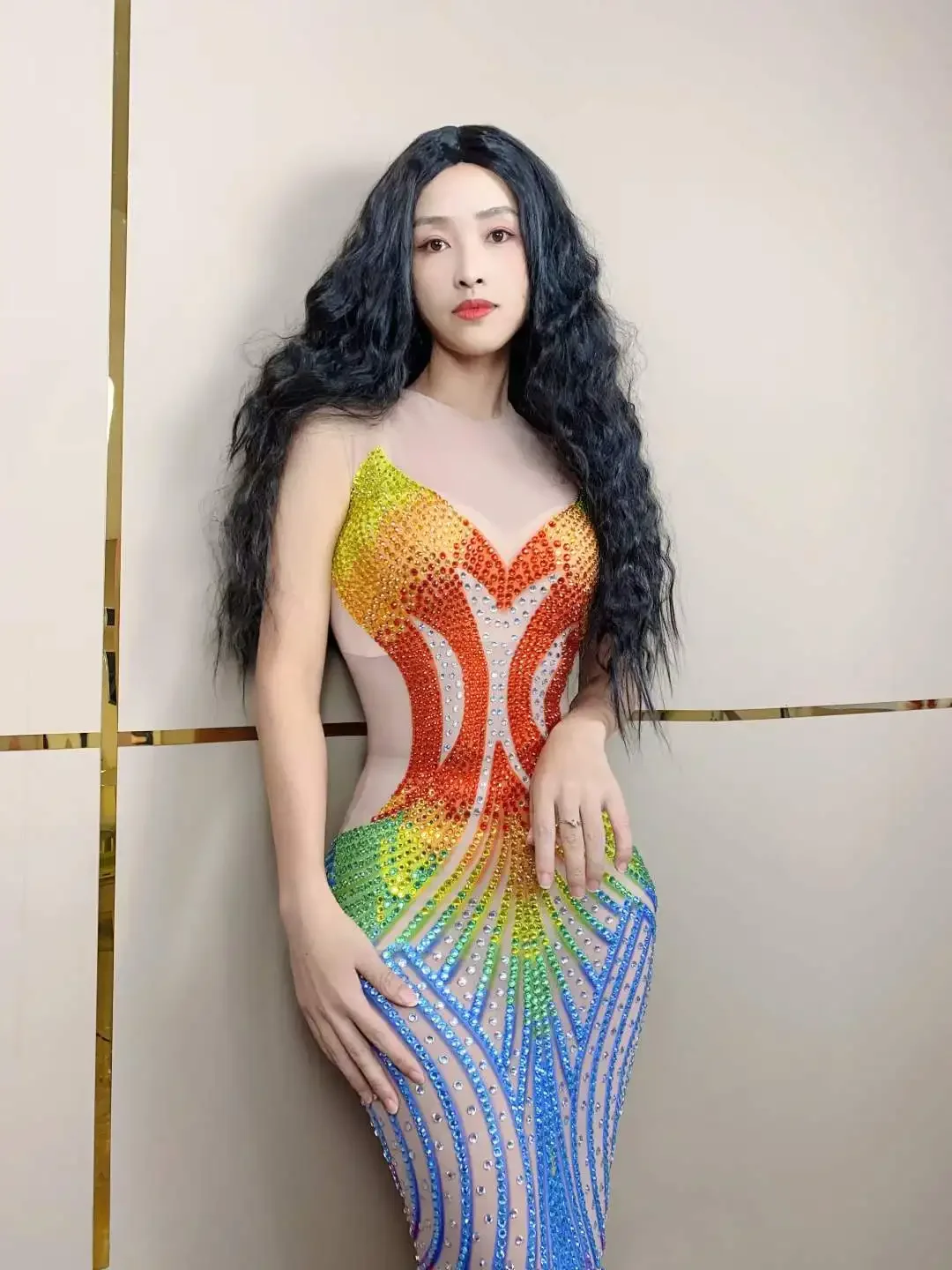 

Women Sleeveless Rhinestone Stretch Mesh Long Dress Birthday Party Celebration Las Vegas Show Stage Photography Outfit