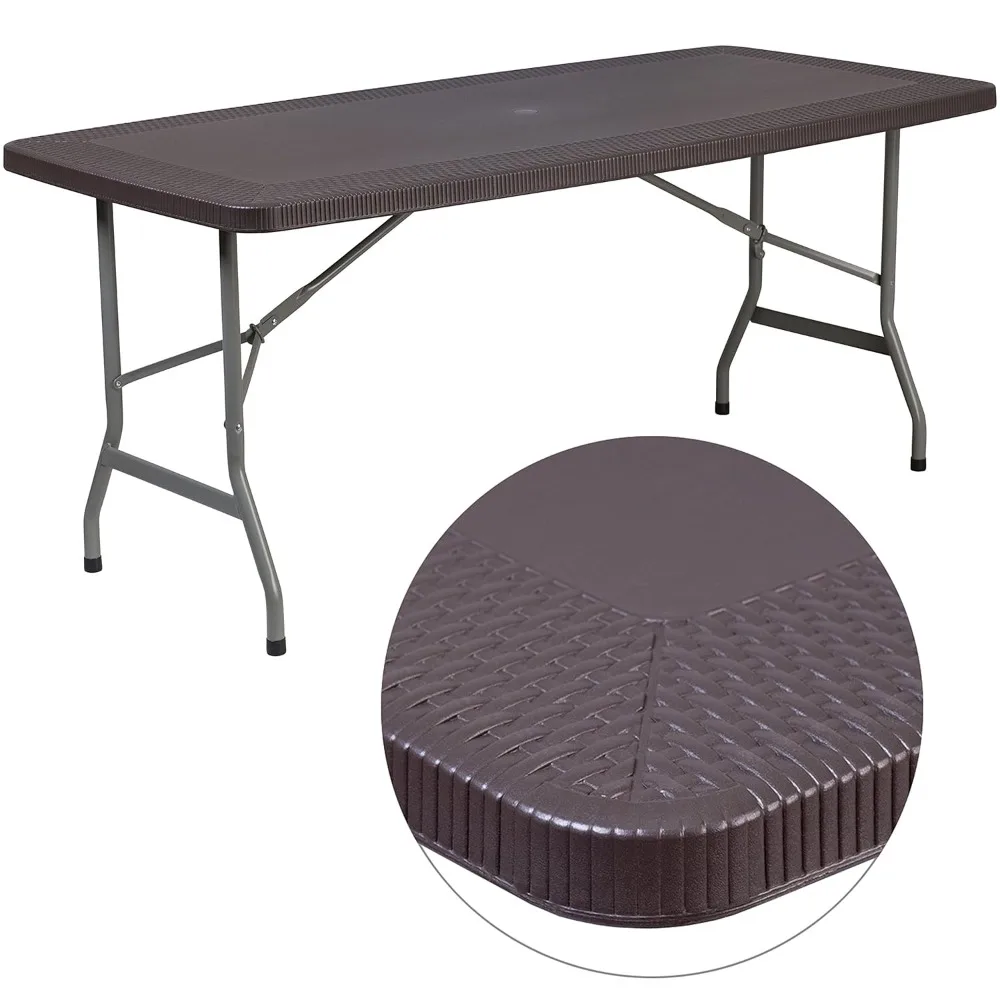 Elon 5.62-Foot Brown Rattan Indoor-Outdoor Plastic Folding Table with Umbrella Hole, Customized