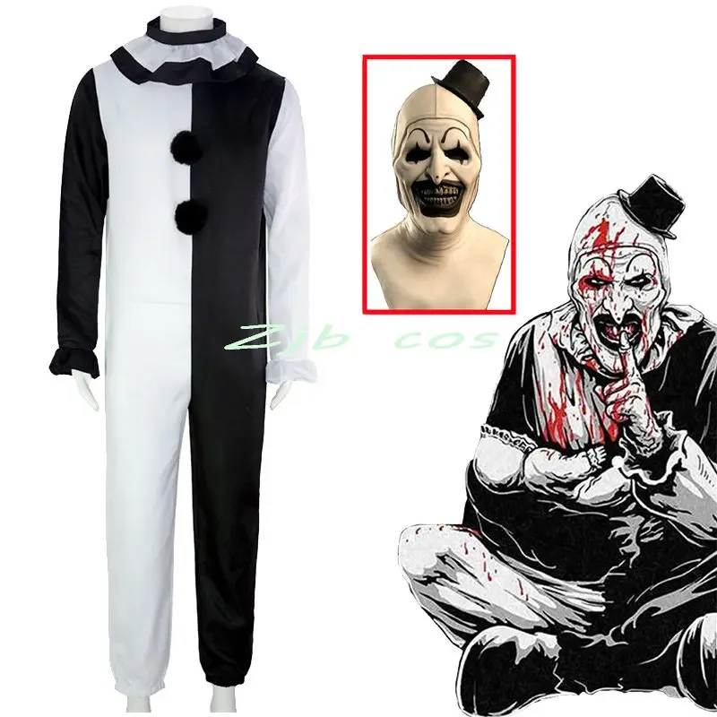 Clown Joker Cosplay Kostüm Maske Terrifier Overall Frauen Männer Halloween Horror schwarz weiß Bodysuit TV Kunst der Clown Kleidung Set