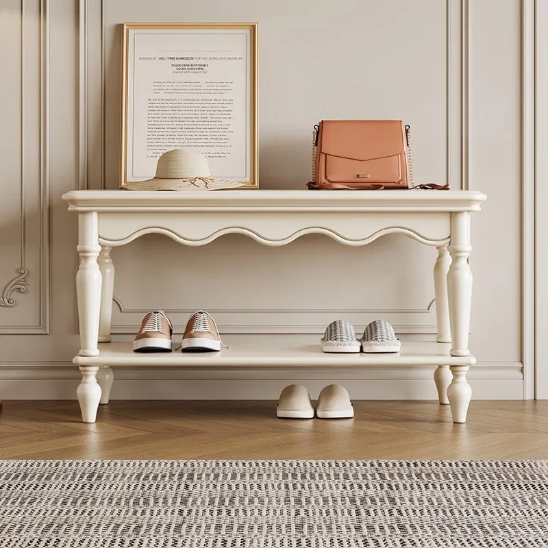 French cream-style all-solid wood shoe bench for entrance stools, entrance stools for home use, living room soft cushion shoe