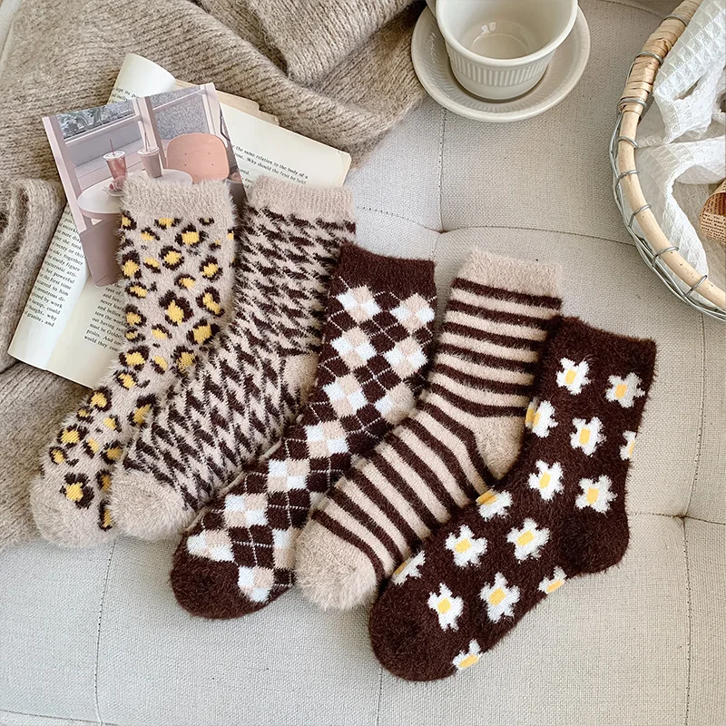 

5 Pairs Cozy Mink Fur Socks for Women Winter Warm Fluffy Thick Home Sleep Mid Calf Socks Soft Comfortable