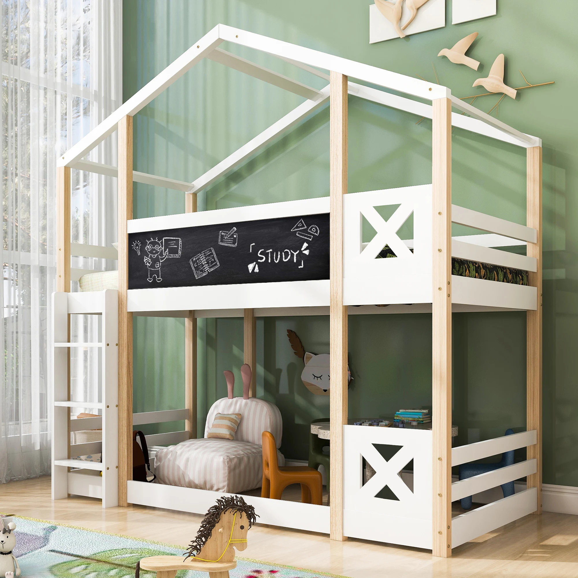 Lit superposé 90x200 cm - Lit enfant avec échelle et sommier extensible - Blanc
