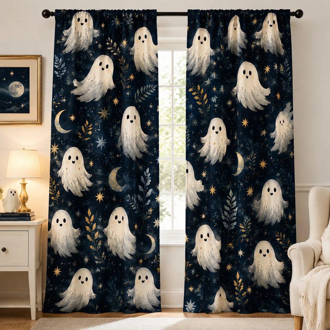 2Pcs Cute Ghost Halloween Curtains with Moon Starry Sky Pattern, Spooky Season Decor, High-Definition Printing, Whimsical Style,