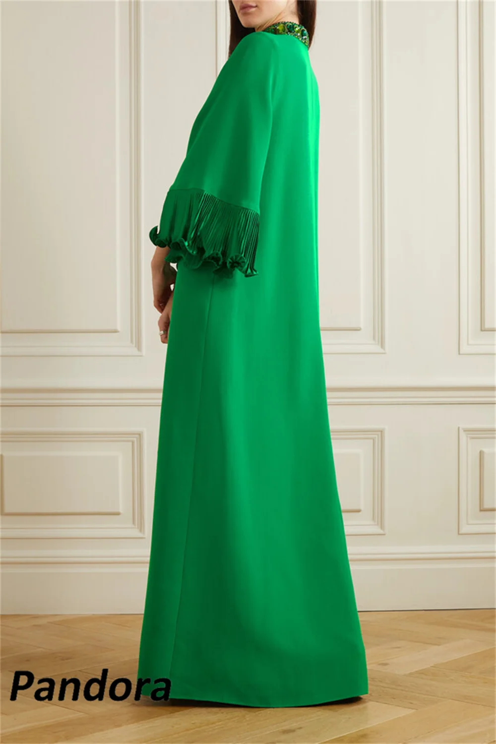 Pandora Green Floor-length Evening Gown High Neck Beaded Long Flare Sleeves A-Line Women\'s wedding Banquet Party Dress