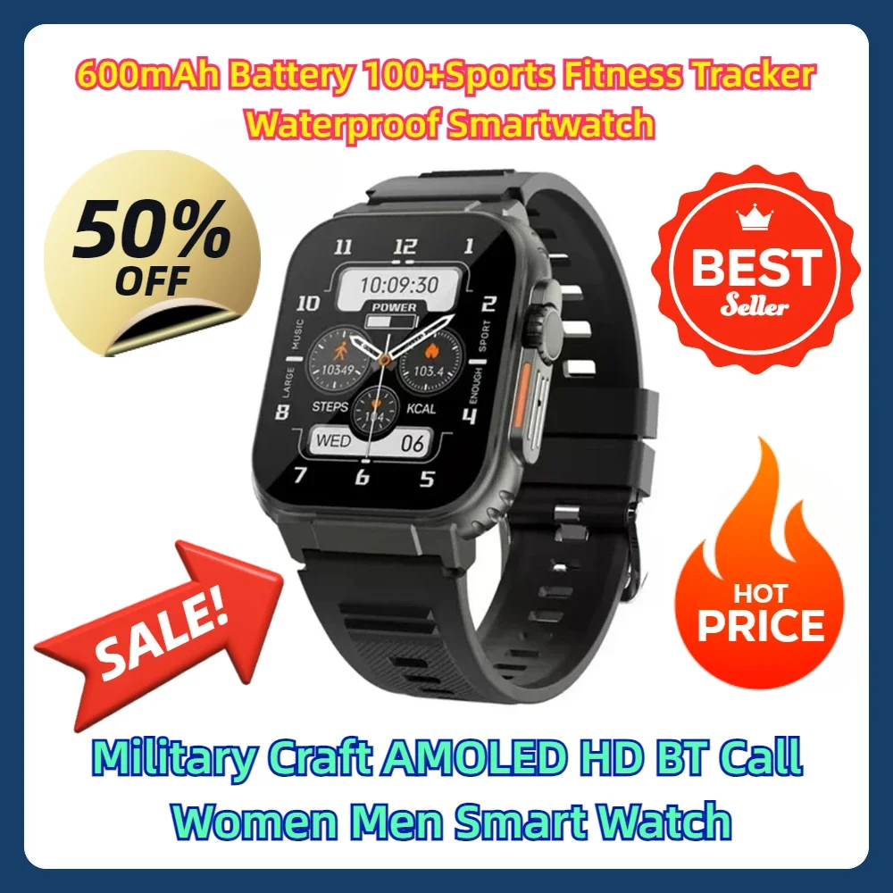 600mAh Battery 100+Sports Fitness Tracker Waterproof Smartwatch Military Craft AMOLED HD BT Call Women Men Smart Watch