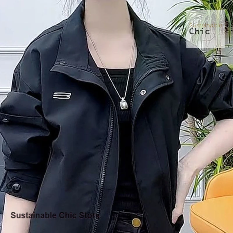 Korean-style stand-up collar jacket women's spring and autumn short new fashion casual Joker small western jacket zipper top.