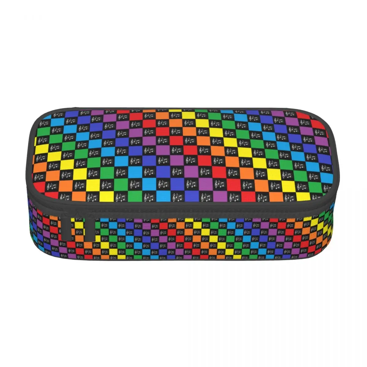 Rainbow Music Notes Pencil Case Checkered Large Vintage Zipper Pencil Box For Child Back to School Pen Organizer