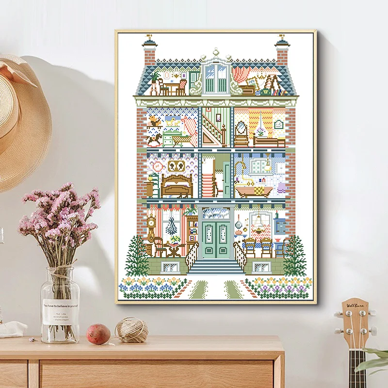 Cozy Villa Cross Stitch Patterns Kits Printed Canvas Embroidery Package 11CT 14CT Needlework Sets DIY Crafts Home Decor Painting