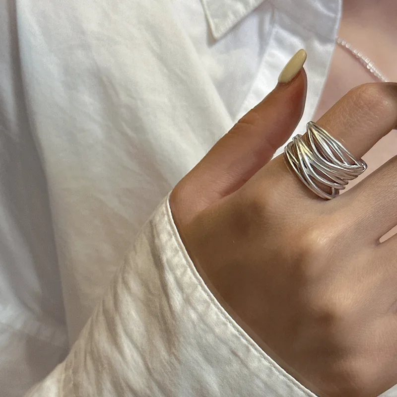 VENTFILLE 925 Sterling Silver Geometric Line Cross Wrap Open Ring For Women Gift Irregular Punk Adjustable Jewelry Dropshipping