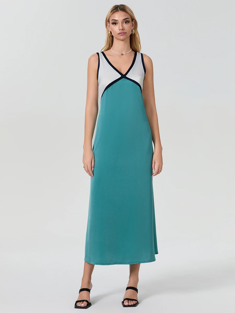 

Women Long Dress, Sleeveless V-neck Contrast Color Swing Dress Summer Cocktail Dress