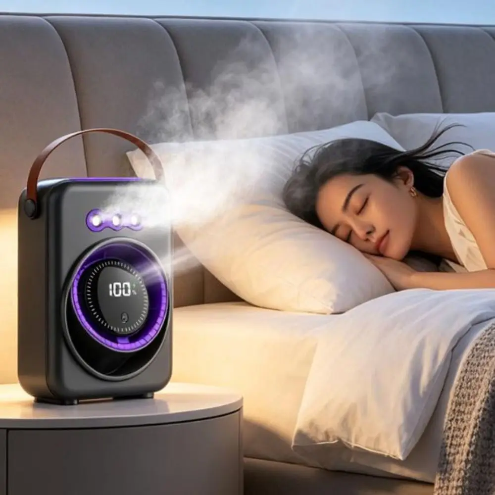 Triple-Hole Desktop Humidifying Fan Digital Display 100-Speed Adjustment Mini Air Cooler with Handle Quiet Operation