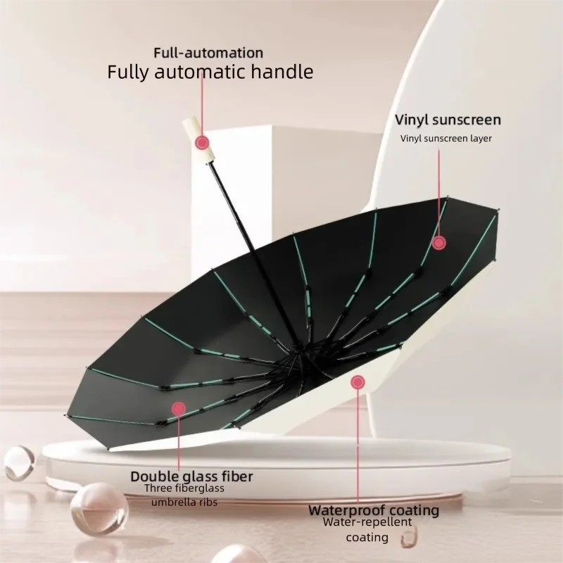 60-Rib Fully Automatic Umbrella, Enlarged and Reinforced, Three-Fold, Sunshade and Sunscreen Umbrella, Unisex, Rain and Sun Dual - view 2