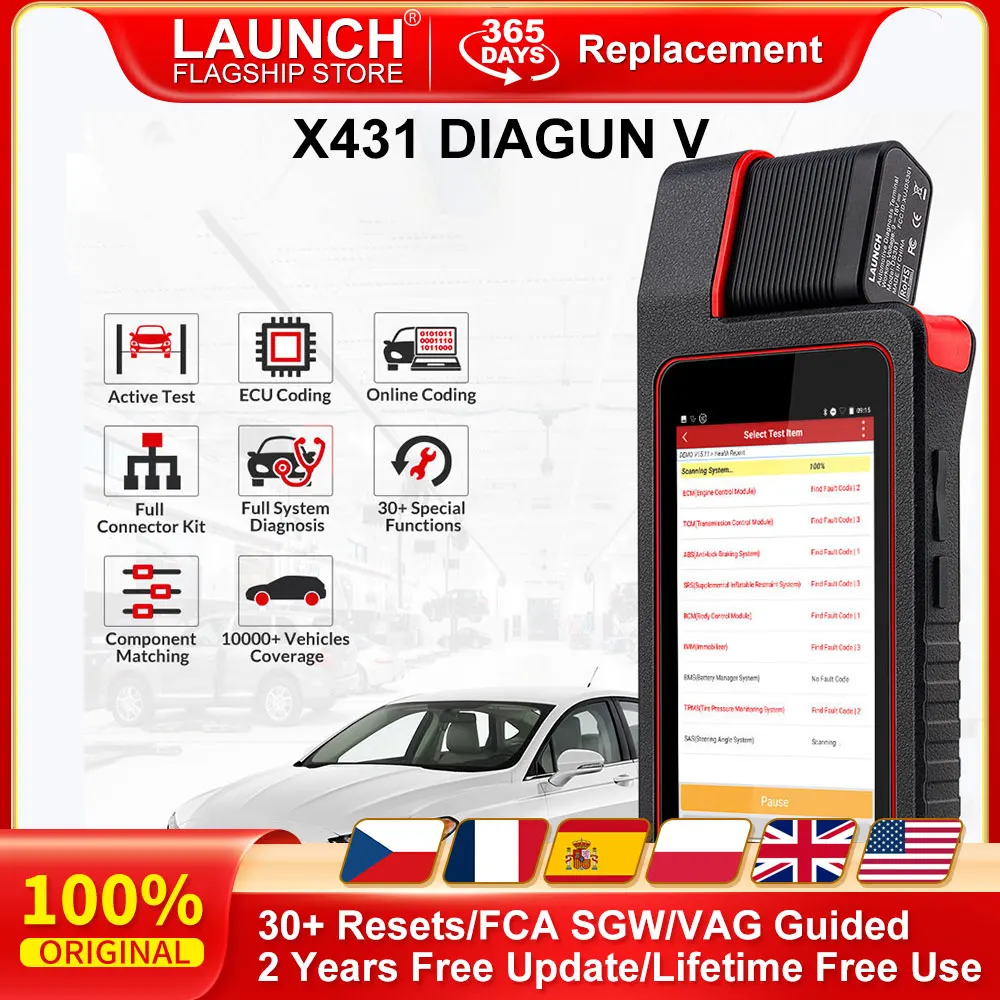 LAUNCH X431 Diagun V Full Systems Scanner OBD2 Diagnostic Tool 31 Resets Key Programming VAG Guided ECU Online Coding FCA SGW