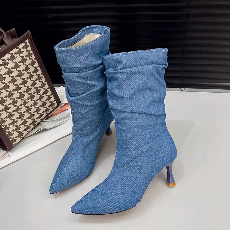 الدنيم منتصف العجل الأحذية النسائية جديد أشار تو أحذية عالية الكعب الأحذية 2025 الشتاء مثير موضة مضخات تشيلسي الأحذية Mujer Zapatos
