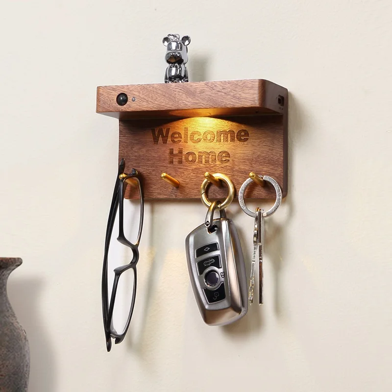 Home Garden Human Body Induction Solid Wood Wall Light Key Hanging Hook Storage No Wiring Required Rechargeable Magnetic Lamp