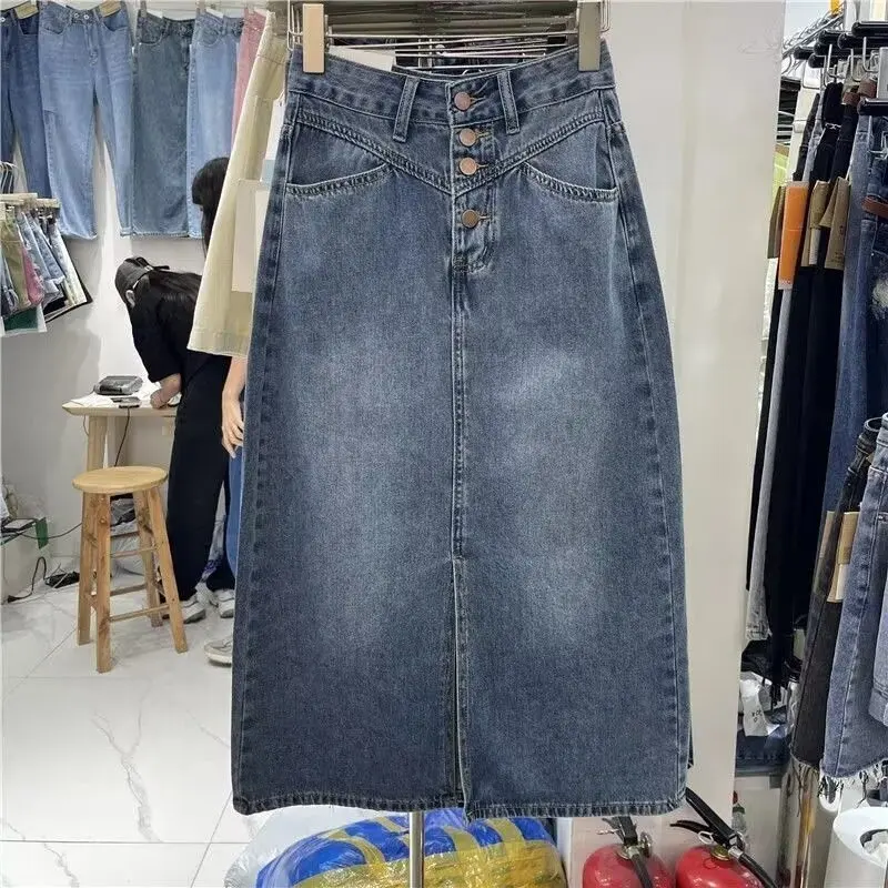

Summer Blue Denim Midi Skirts For Women Design Single Breasted High Waist Mid Length A-Line Skirt