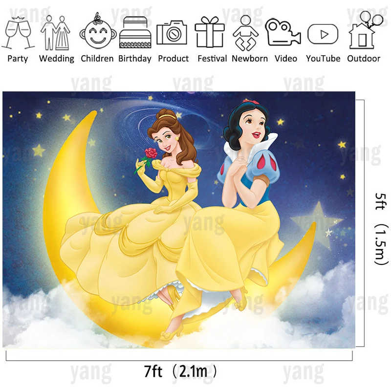 Disney Princess Castle Dreamy Moon Beauty and the Beast Belle Snow White Backdrop Girls Birthday Party Baby Shower Banner