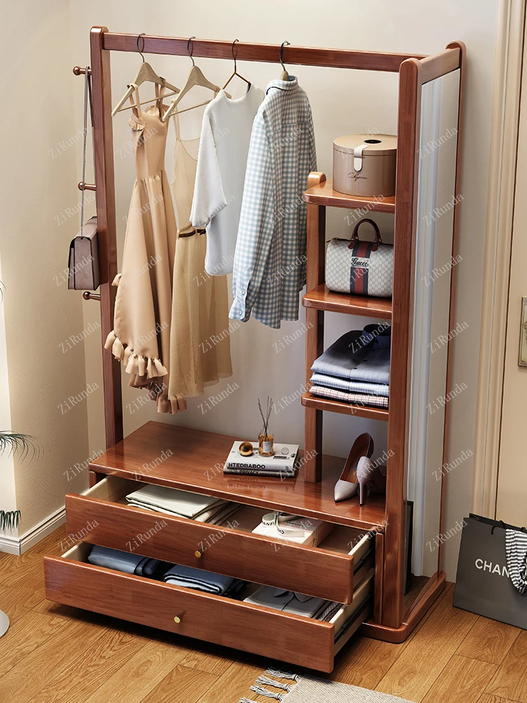 *~Light Luxury Coat Rack Solid Wooden Frame Living Room Entrance Clothes Rack Simple Clothes Hanger Dressing Mirror