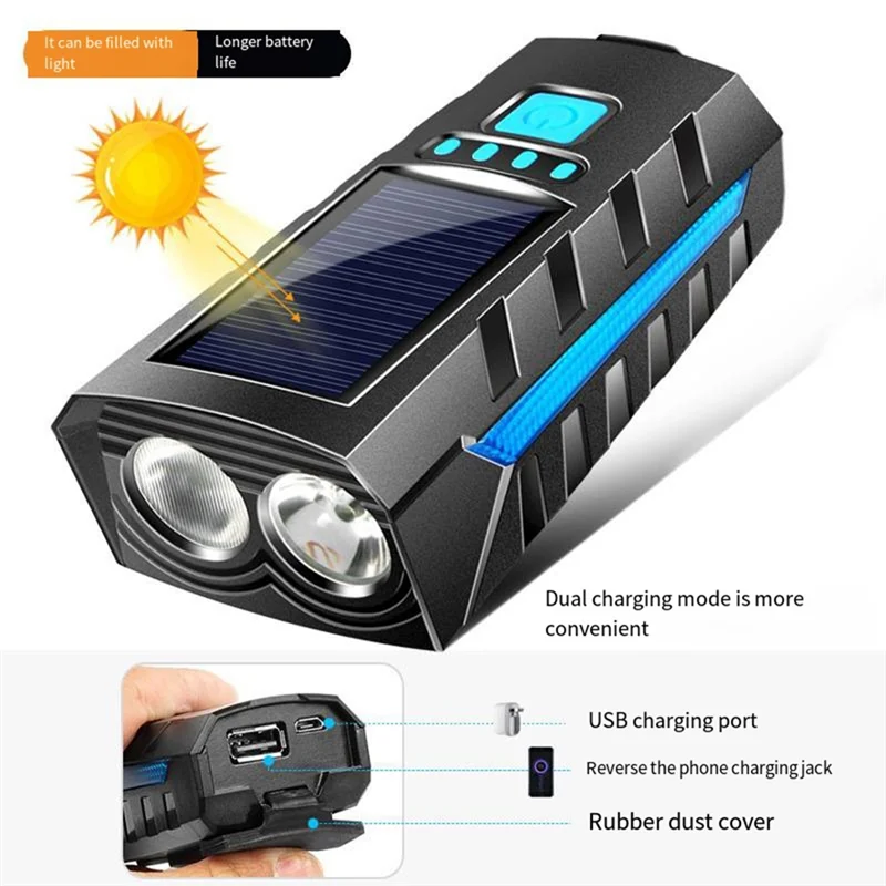 GOOD-Solar Power Bike Front Light With 130Db Horn LED Bicycle Light USB Rechargeable High  Bicycle Flashlight Bicycle
