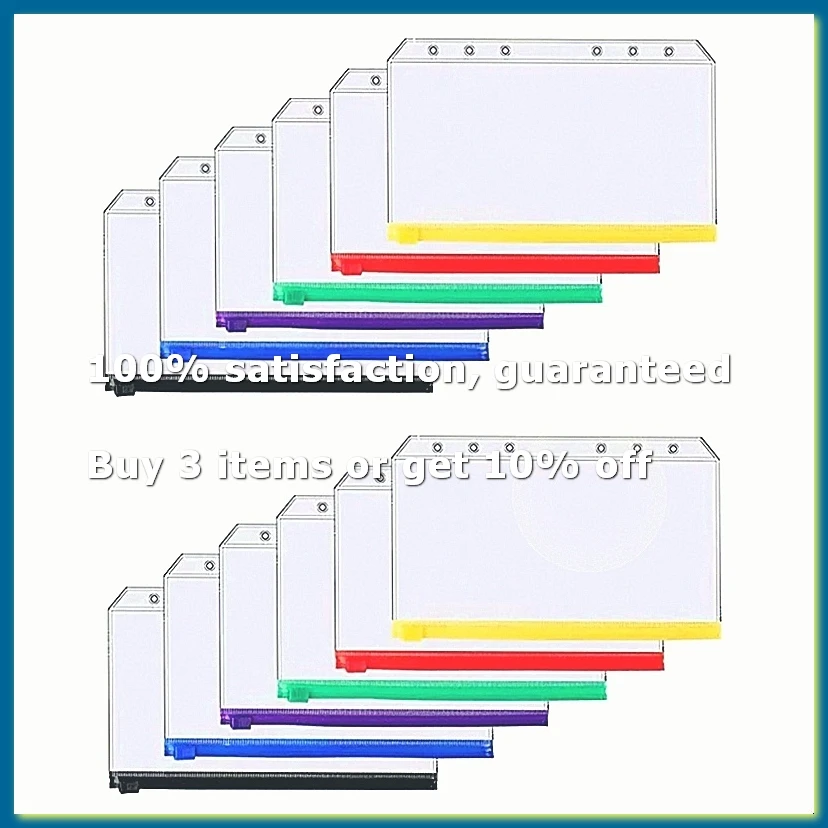 12Pcs A6 6-Hole Binder Pocket Waterproof PVC Budget Envelopes Zipper Binder Pouches for Notebook Planner Journey Binders-DTB3