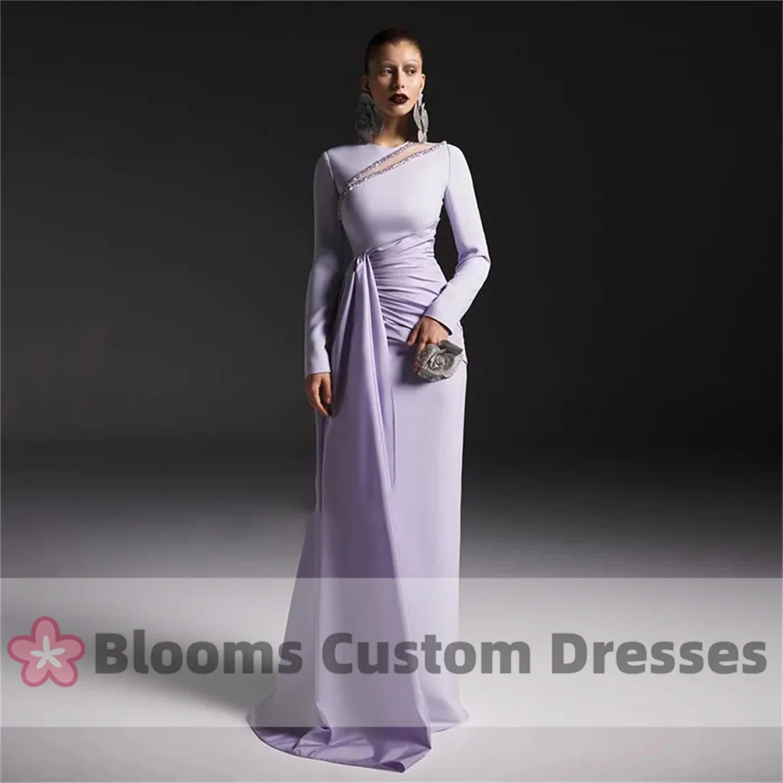 Blooms Elegant Light Purple Mermaid Customized Evening Dress Crystal Beads Formal Occasion Prom Dress Long Sleeve Party Gown