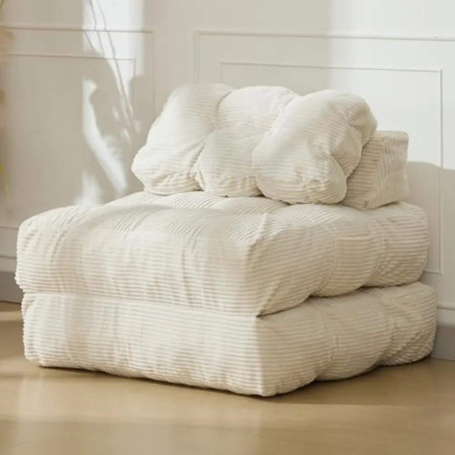 

Folding Sofa Bed for Living Room Bedroom, Beige Fabric with Foam Mattress and Back Support, Convertible Sleeper Chair with Pill